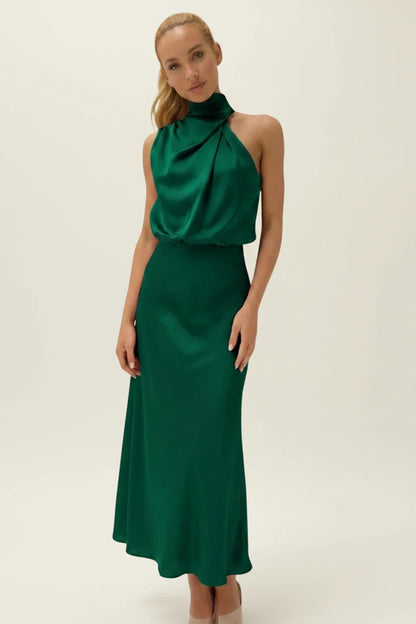 Elegant Satin Halter Midi Dress