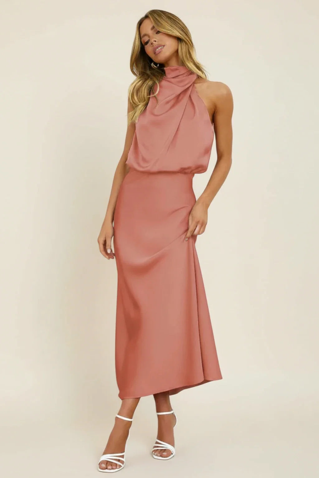 Elegant Satin Halter Midi Dress