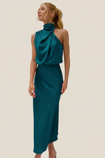 Elegant Satin Halter Midi Dress