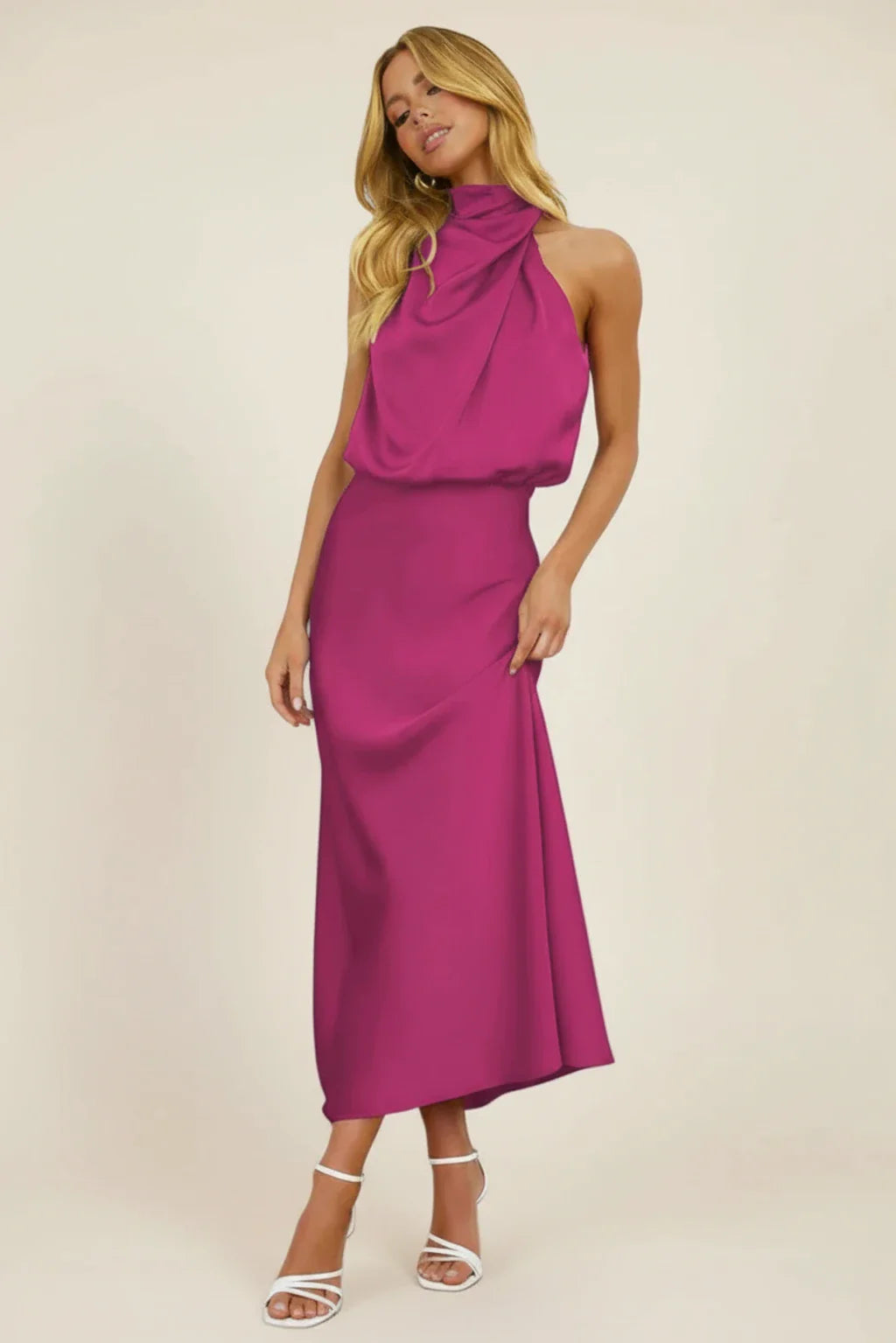 Elegant Satin Halter Midi Dress