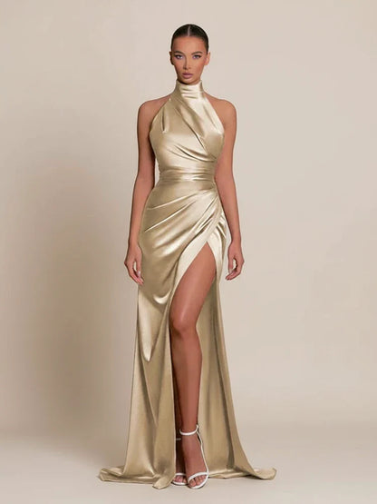 Elegant Satin Halter Bodycon Maxi Dress