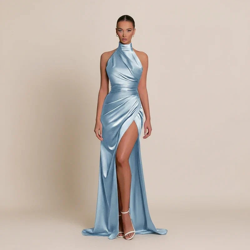 Elegant Satin Halter Bodycon Maxi Dress