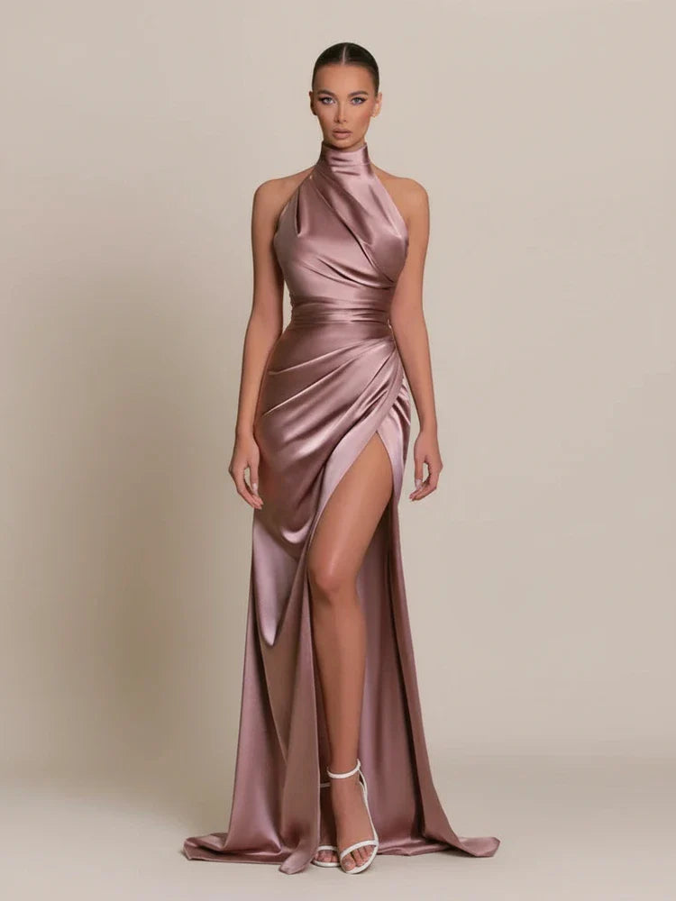 Elegant Satin Halter Bodycon Maxi Dress