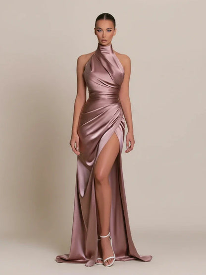 Elegant Satin Halter Bodycon Maxi Dress