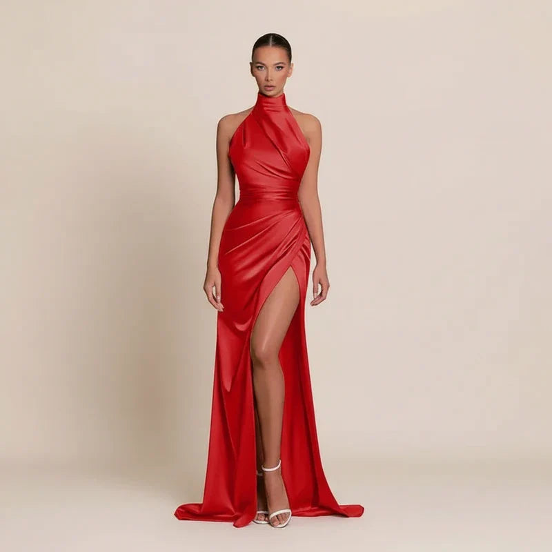 Elegant Satin Halter Bodycon Maxi Dress