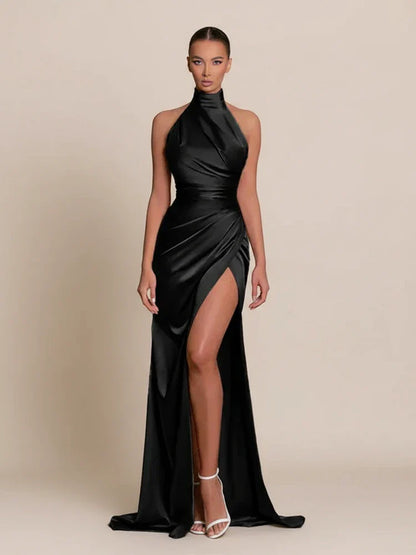 Elegant Satin Halter Bodycon Maxi Dress