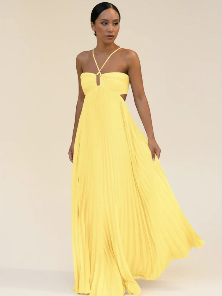 Elegant Halter Backless Pleated Maxi Dress