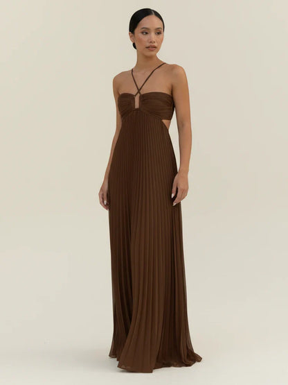 Elegant Halter Backless Pleated Maxi Dress