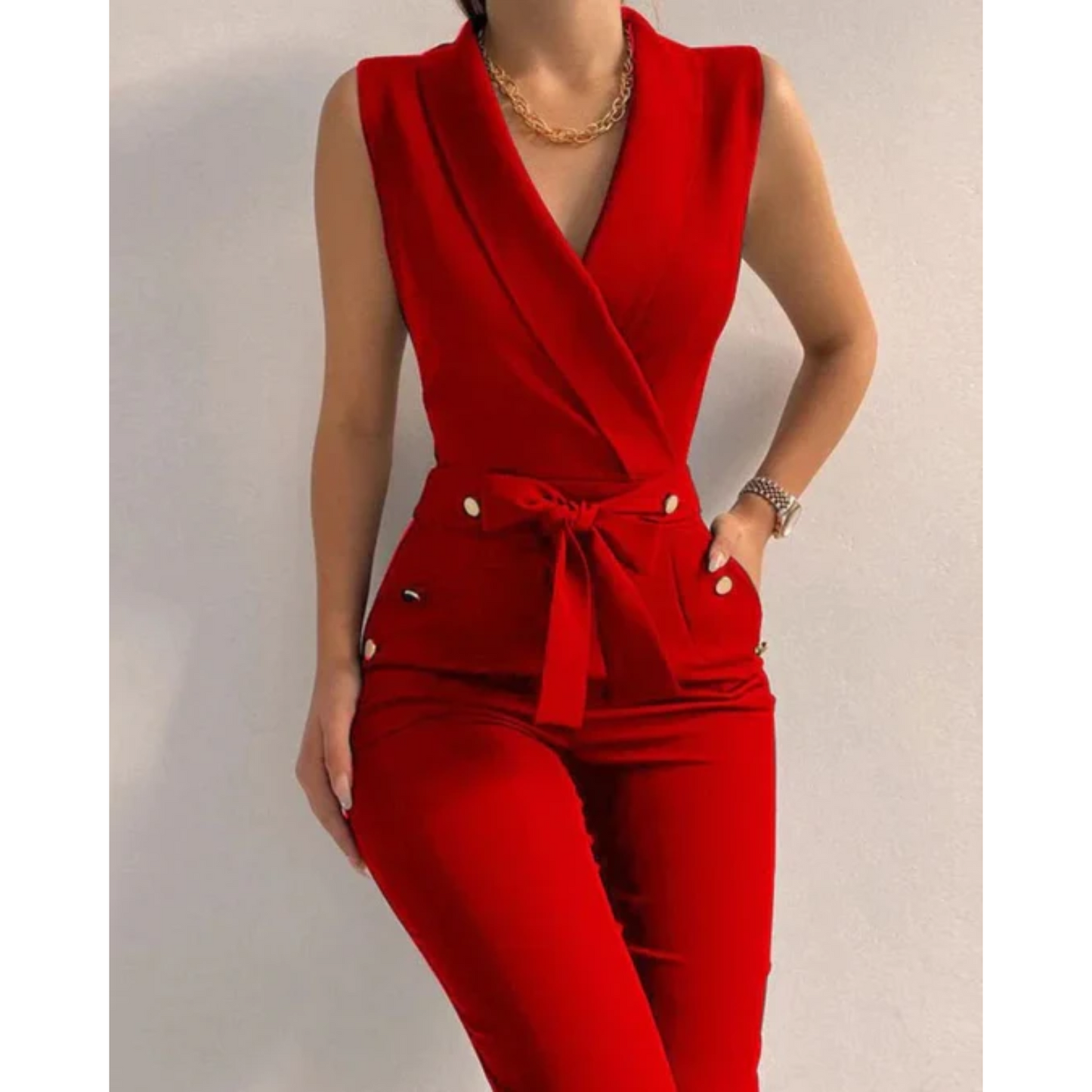Combinaison chic sans manches à col en V pour occasions spéciales