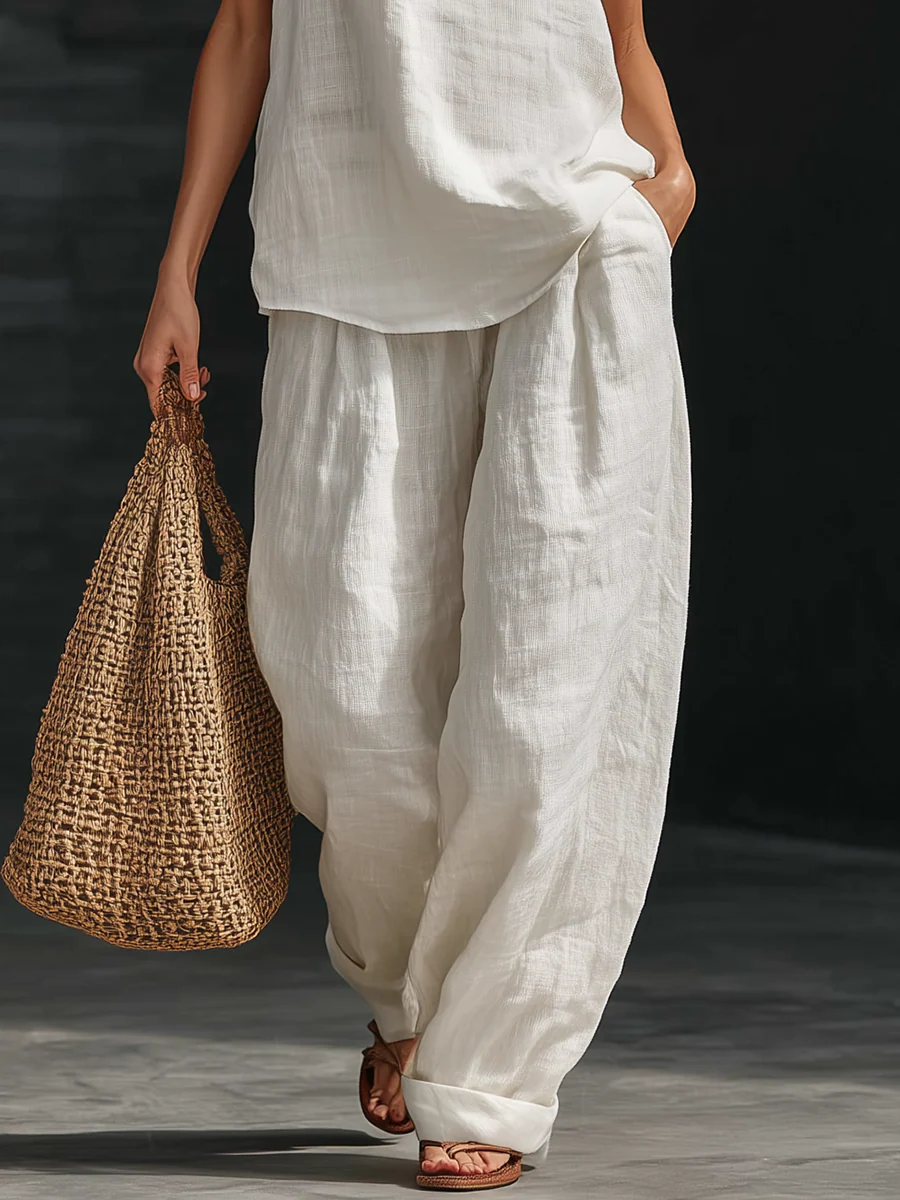 Penelope - Ensemble top sans manches en lin synthétique blanc à col en V et pantalon à jambes larges