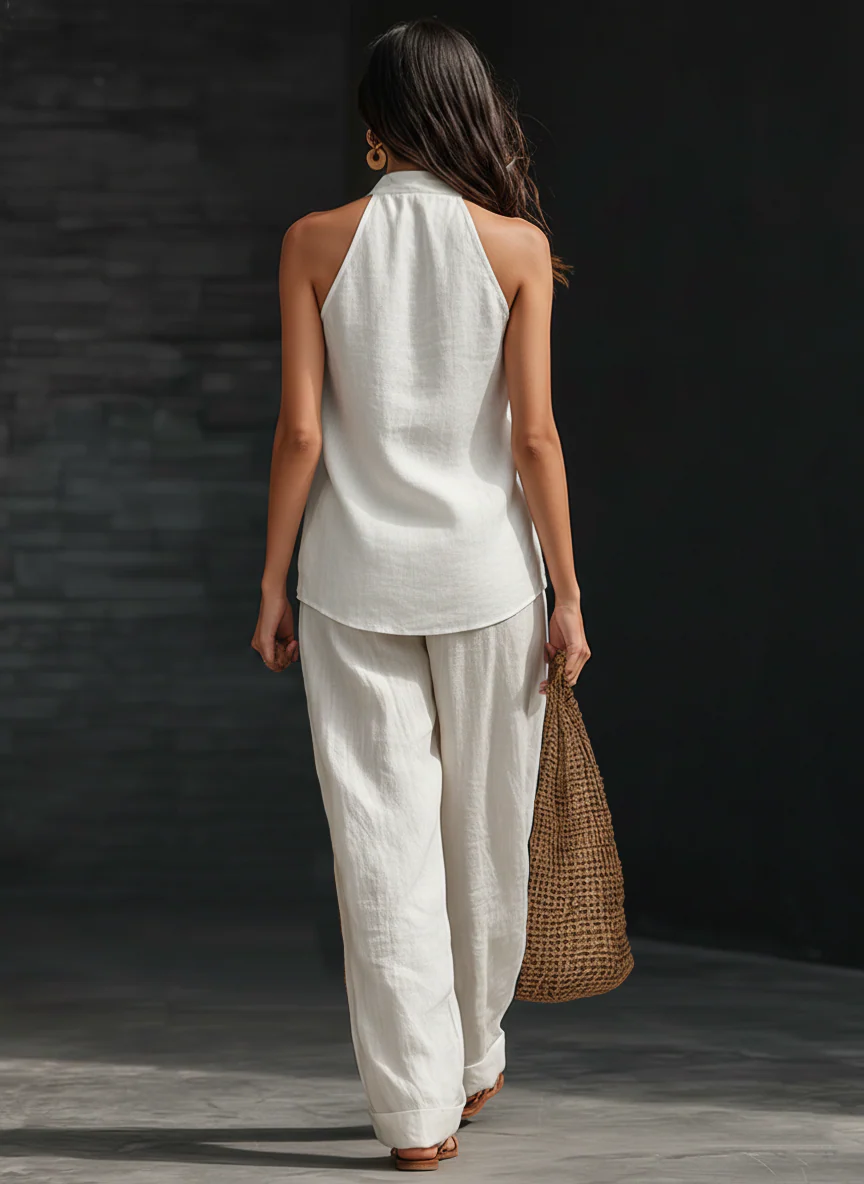 Penelope - Ensemble top sans manches en lin synthétique blanc à col en V et pantalon à jambes larges