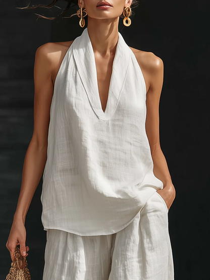 Penelope - Ensemble top sans manches en lin synthétique blanc à col en V et pantalon à jambes larges
