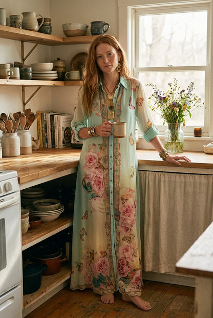 Robe maxi verte menthe fleurie de style baroque