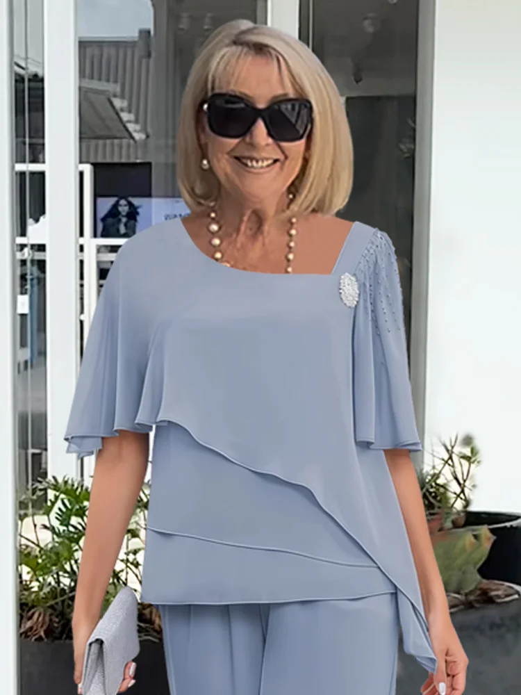 Women’s Two-Piece Pant Set – Elegant Overlay Top & Wide Leg Trousers