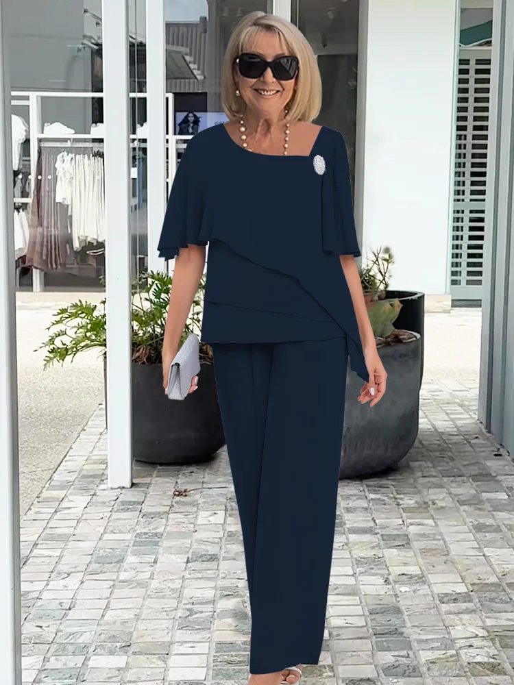 Women’s Two-Piece Pant Set – Elegant Overlay Top & Wide Leg Trousers