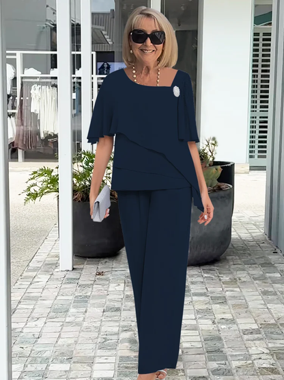 Women’s Two-Piece Pant Set – Elegant Overlay Top & Wide Leg Trousers