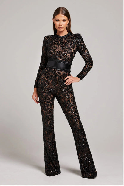 Combinaison longue transparente à manches longues ornée de sequins floraux et taille ceinturée