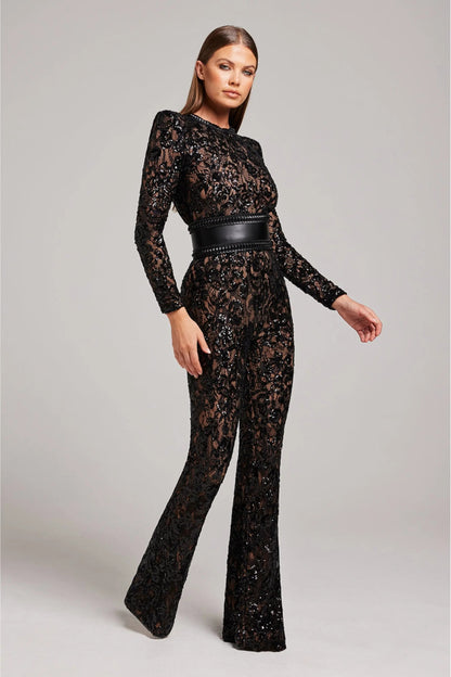 Combinaison longue transparente à manches longues ornée de sequins floraux et taille ceinturée