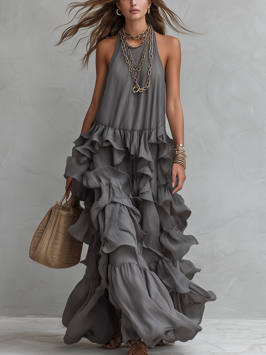 Robe maxi romantique chic grise à volants superposés