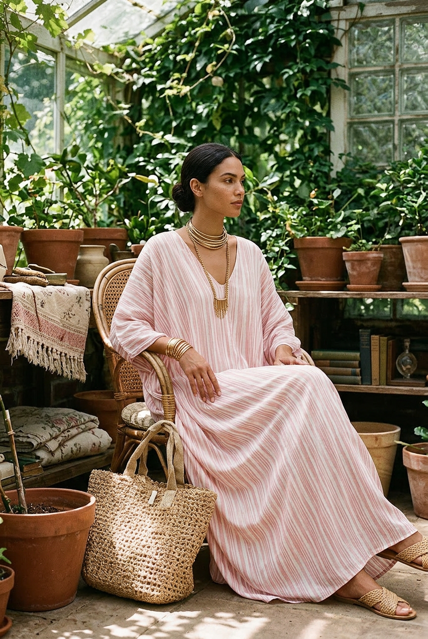Robe kaftan rose pâle rayée de style bohème