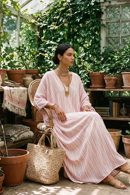 Robe kaftan rose pâle rayée de style bohème