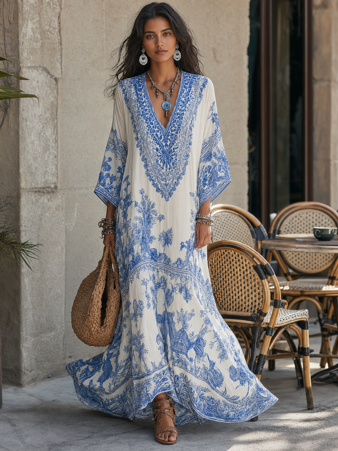 Robe kaftan élégante à col en V avec imprimé porcelaine bleue