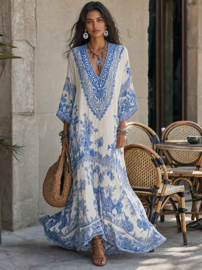 Robe kaftan élégante à col en V avec imprimé porcelaine bleue