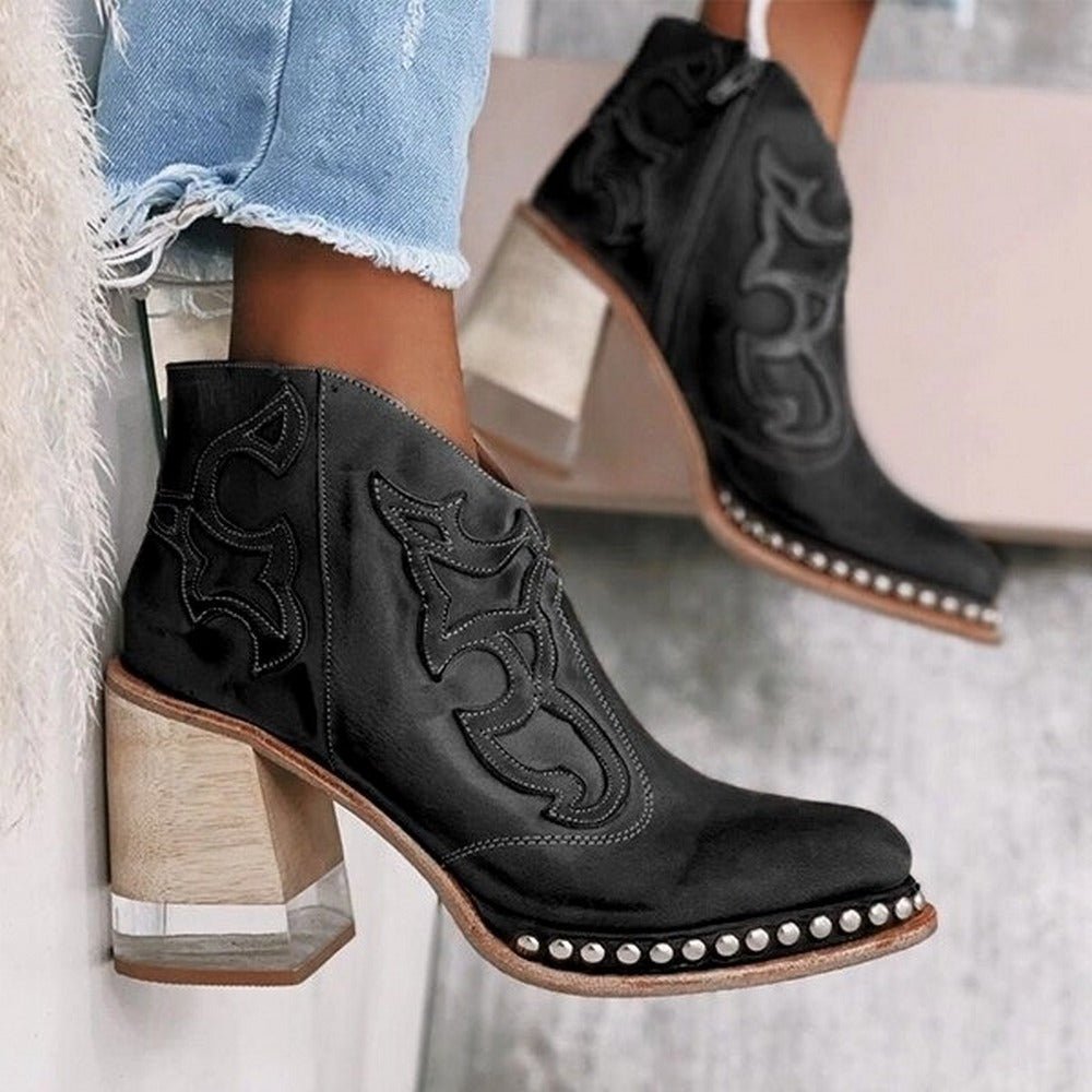 Jessy Embroidered Western Block Heel Boots with Stylish Pull-On Design