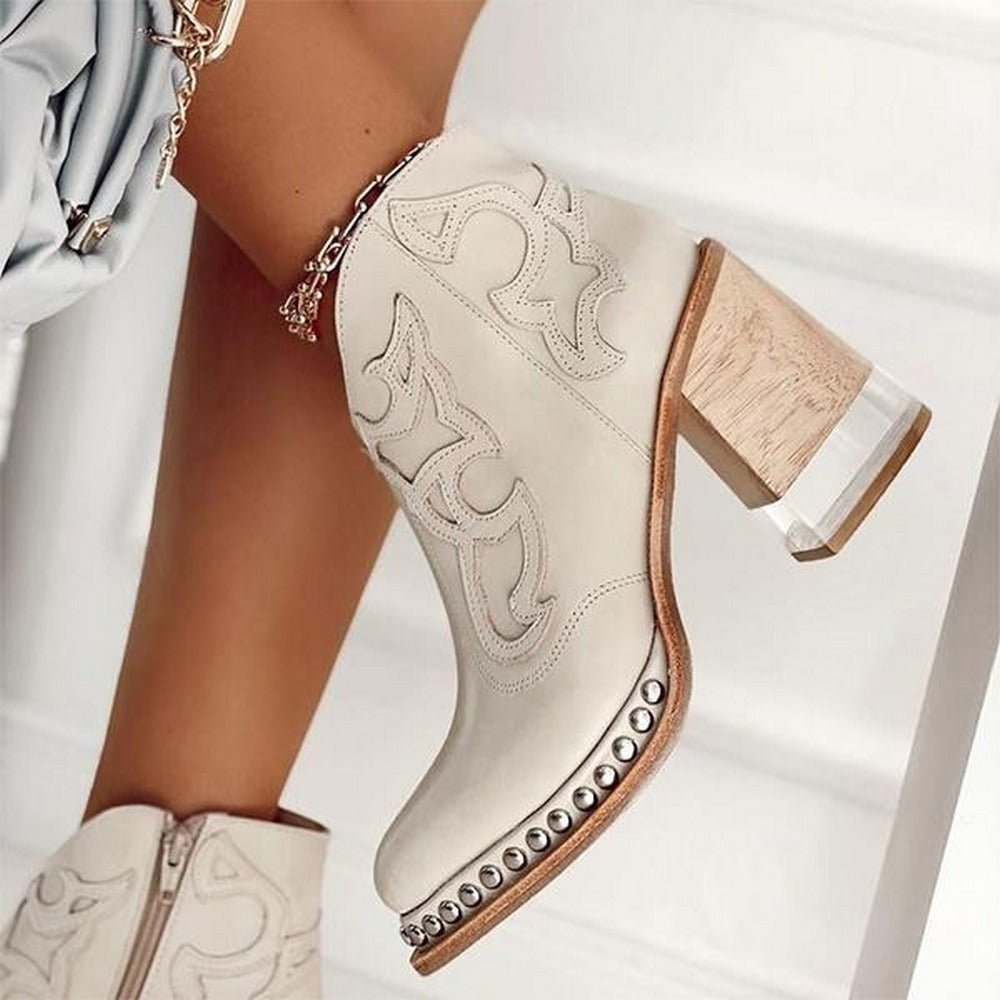 Jessy Embroidered Western Block Heel Boots with Stylish Pull-On Design