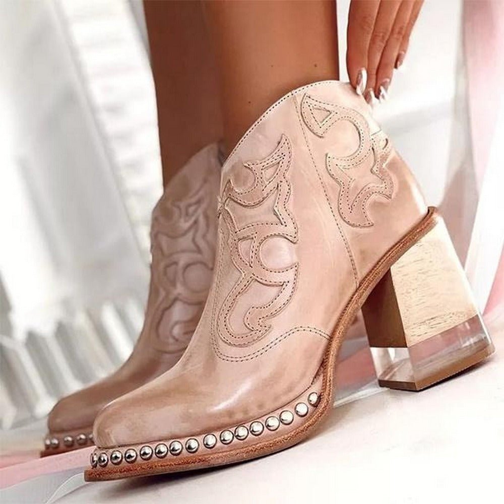 Jessy Embroidered Western Block Heel Boots with Stylish Pull-On Design