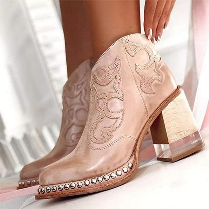 Jessy Embroidered Western Block Heel Boots with Stylish Pull-On Design