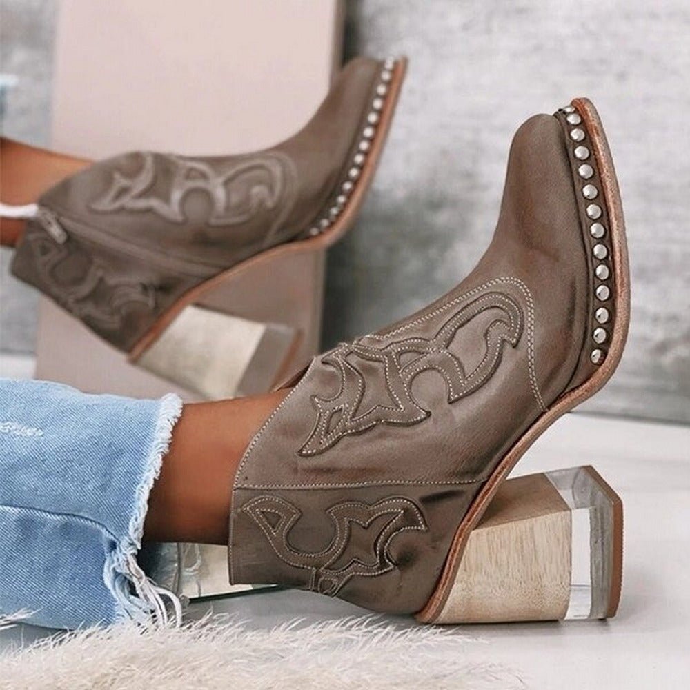 Jessy Embroidered Western Block Heel Boots with Stylish Pull-On Design