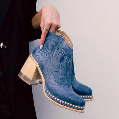 Jessy Embroidered Western Block Heel Boots with Stylish Pull-On Design