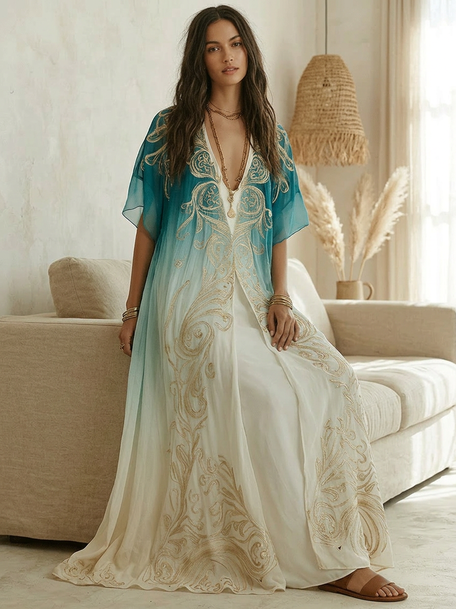 Robe kaftan maxi chic ombrée aqua avec élégance brise côtière