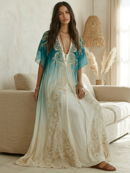 Robe kaftan maxi chic ombrée aqua avec élégance brise côtière