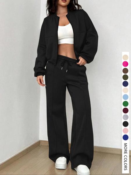 Women’s Two-Piece Set with Zip-Up Jacket and Wide-Leg Pants