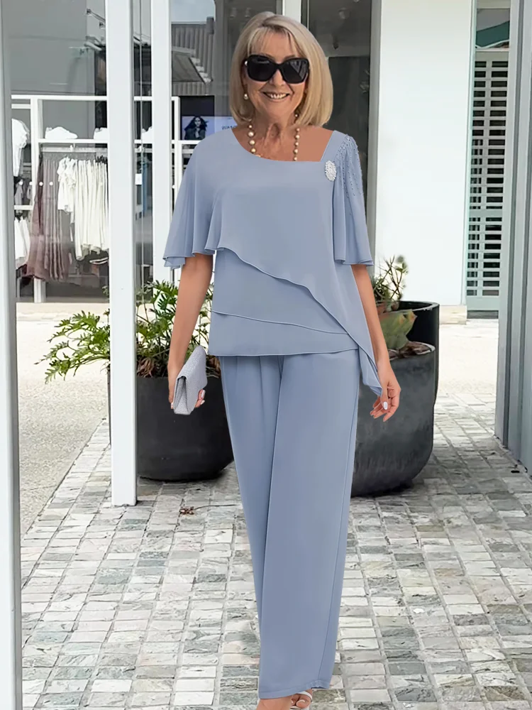 Women’s Two-Piece Pant Set – Elegant Overlay Top & Wide Leg Trousers