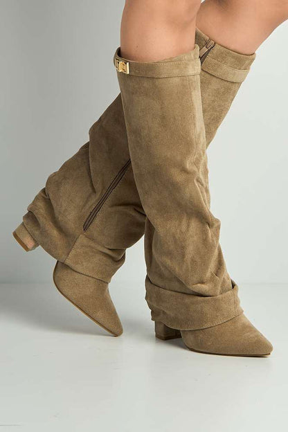 Izel Taupe Suede Pointed Toe Block Heel Boots with Gold Trim Buckle and Ruched Detail