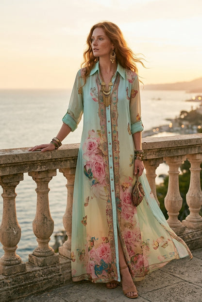 Robe maxi verte menthe fleurie de style baroque
