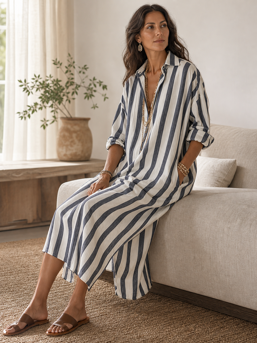 Robe maxi bohème avec design rayé décontracté