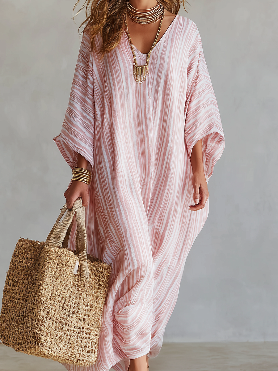 Robe kaftan rose pâle rayée de style bohème
