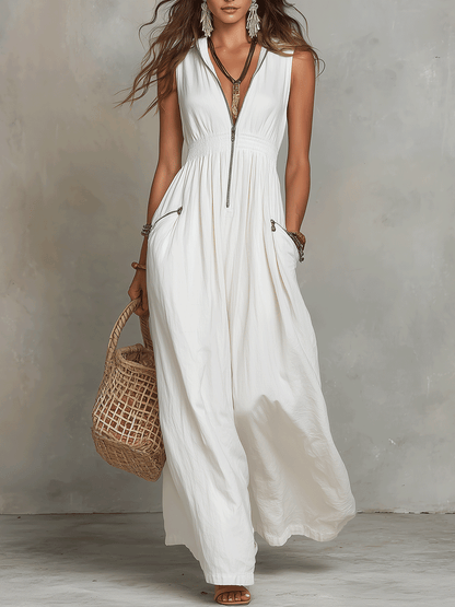 Robe maxi bohème avec fermeture éclair blanche à l'avant