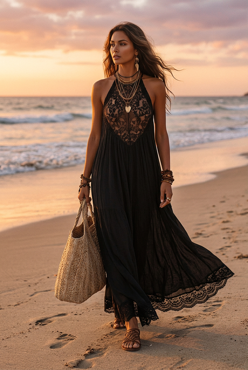 Robe maxi bohème chic sans manches à drapé doux pour soirée