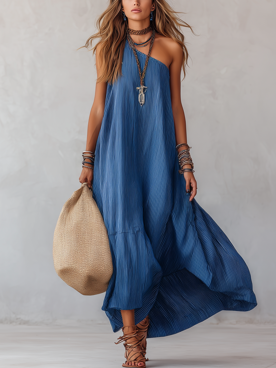Robe longue fluide épaules dénudées à rayures bleu royal