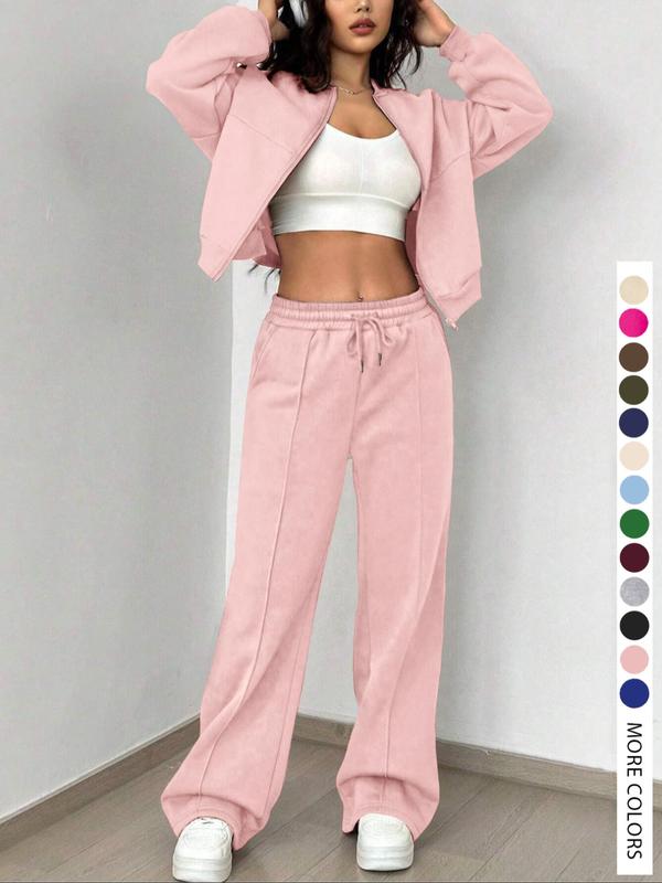 Women’s Two-Piece Set with Zip-Up Jacket and Wide-Leg Pants