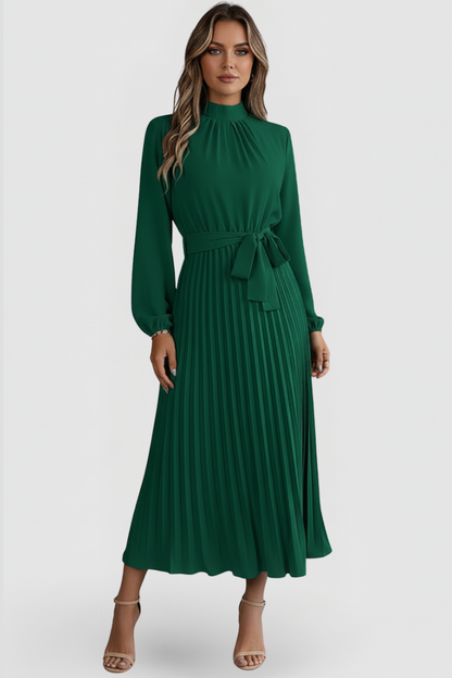 Elowen | Women's Mock Neck Long Sleeve Pleated Midi Dress