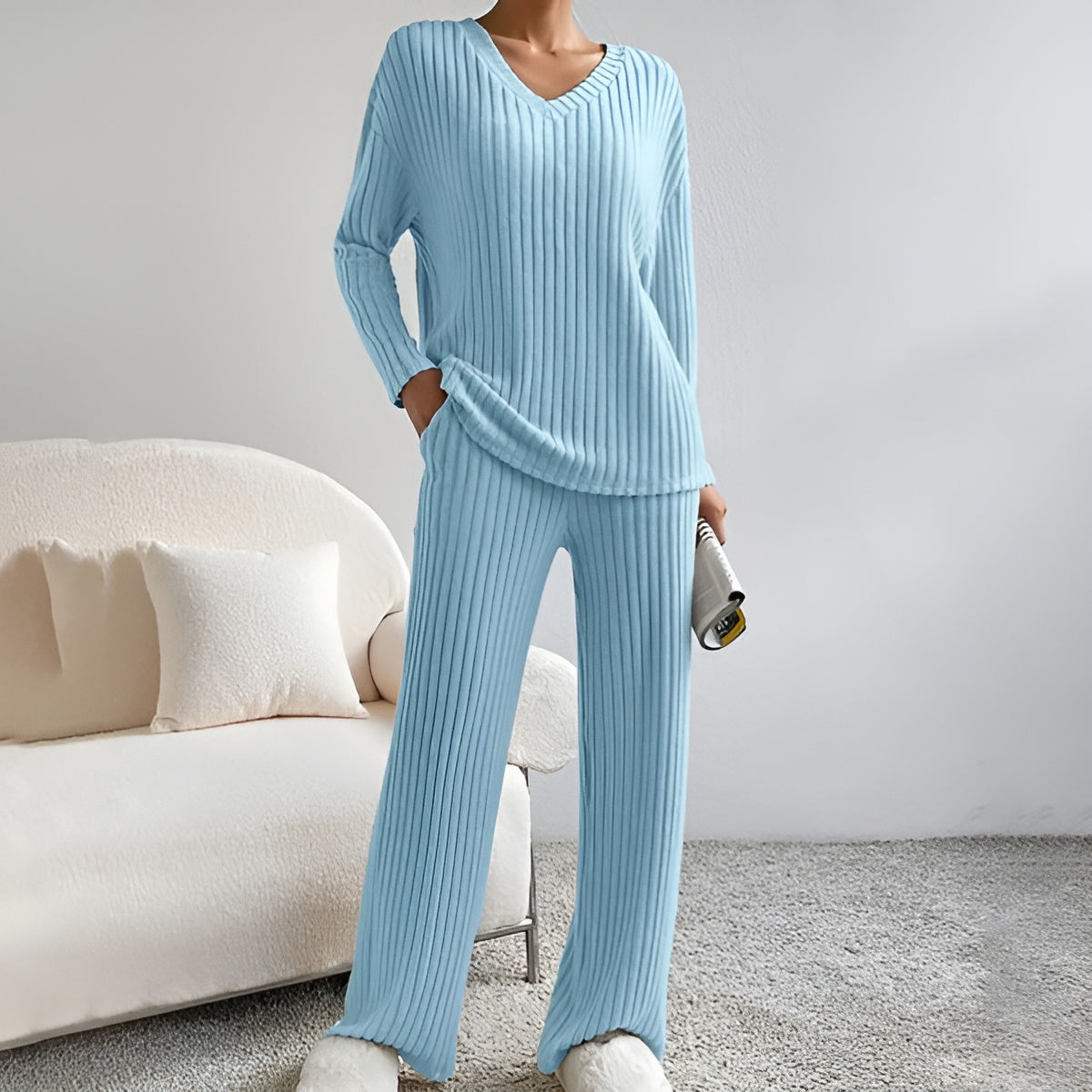 Wilma Ribbed V-Neck Sweater Set Comfortable Stylish Layering