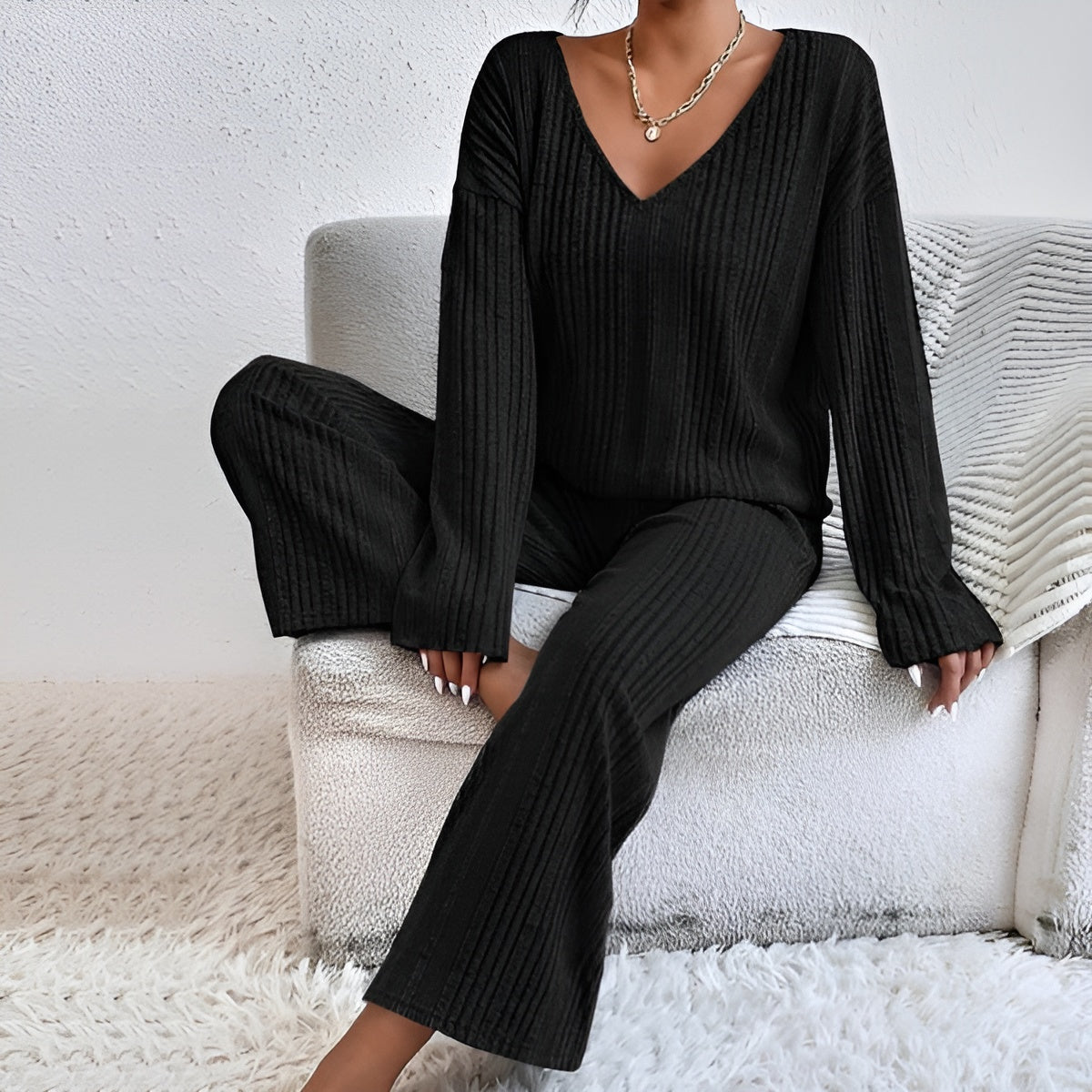 Wilma Ribbed V-Neck Sweater Set Comfortable Stylish Layering