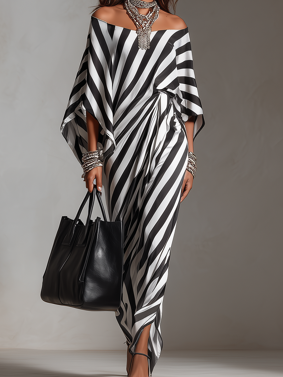 Robe maxi asymétrique audacieuse à rayures monochromes