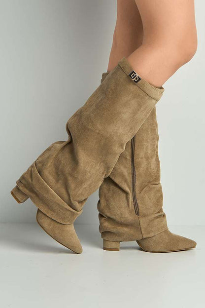 Izel Taupe Suede Pointed Toe Block Heel Boots with Gold Trim Buckle and Ruched Detail